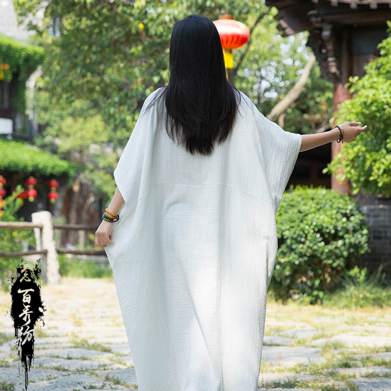 24 Nian Baixiu Textile Spring and Summer New National Style Irregular Bat Sleeve Slimming Artistic Double-Layer Bamboo Robe Dress