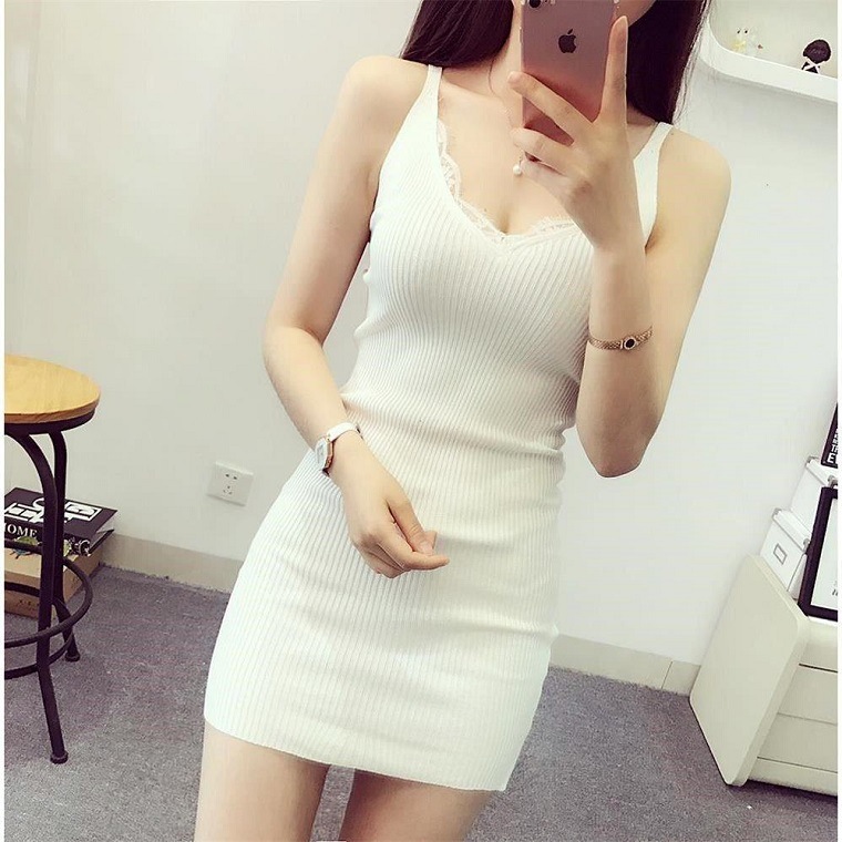 Mid-length Camisole Dress Women's Knitted Summer Lace Base Shirt Sexy Outer Wear Inner Student Korean Style