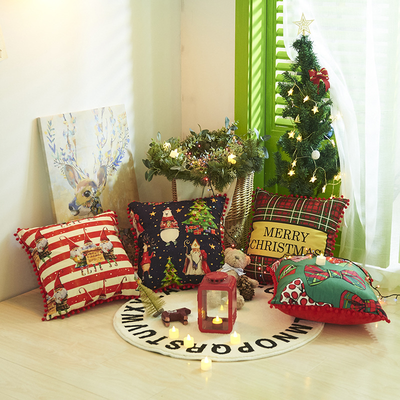 Christmas pillowcase with ball edge, Santa Christmas red and white checkered striped pillowcase