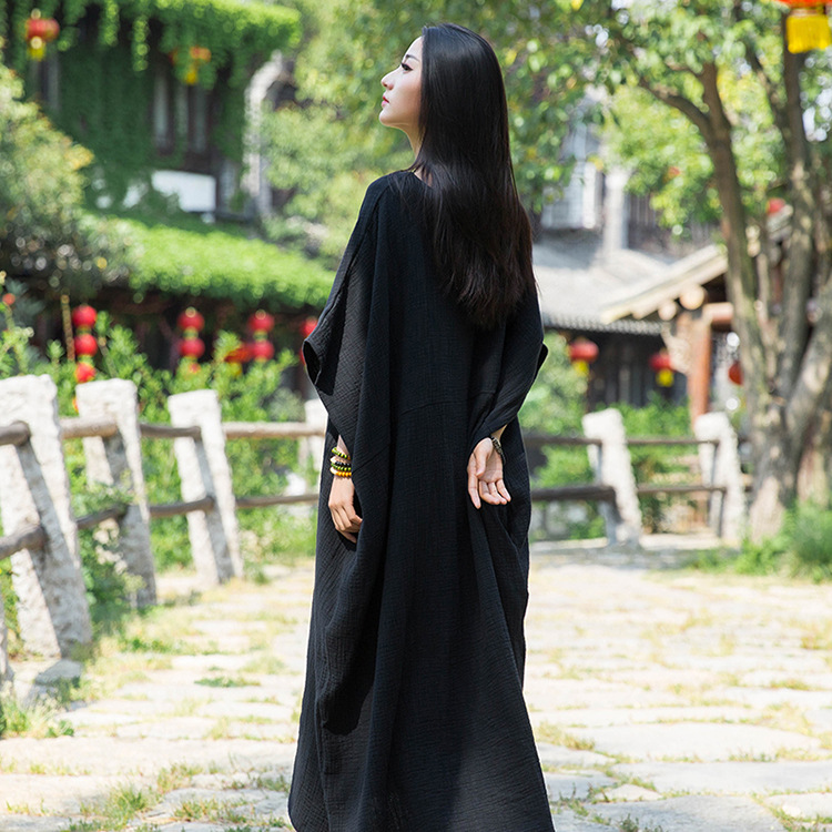 24 Nian Baixiu Textile Spring and Summer New National Style Irregular Bat Sleeve Slimming Artistic Double-Layer Bamboo Robe Dress