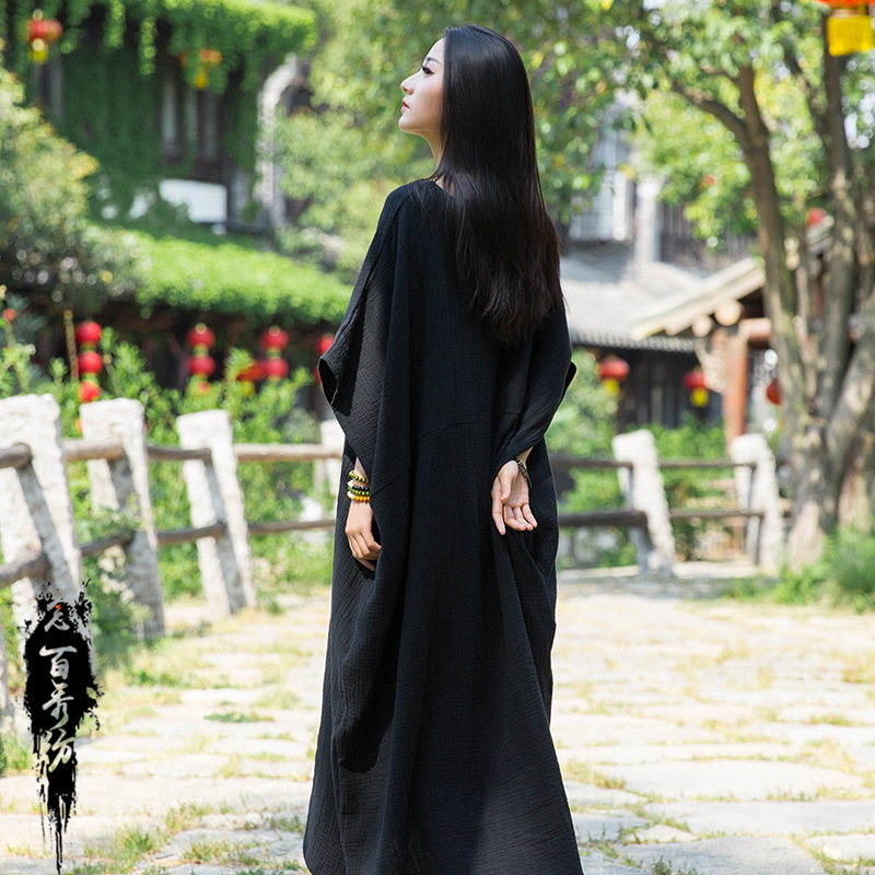 24 Nian Baixiu Textile Spring and Summer New National Style Irregular Bat Sleeve Slimming Artistic Double-Layer Bamboo Robe Dress