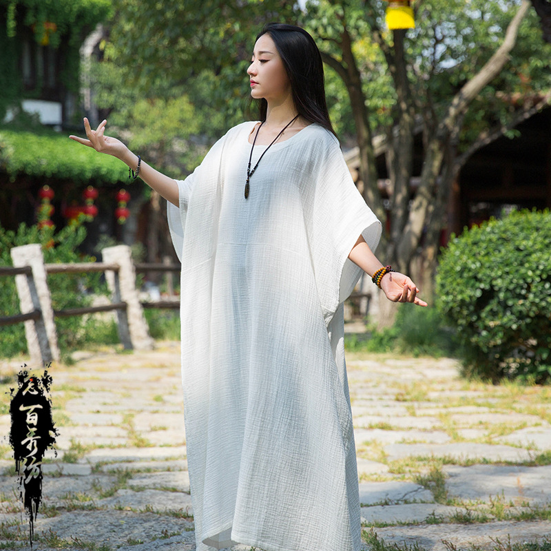 24 Nian Baixiu Textile Spring and Summer New National Style Irregular Bat Sleeve Slimming Artistic Double-Layer Bamboo Robe Dress