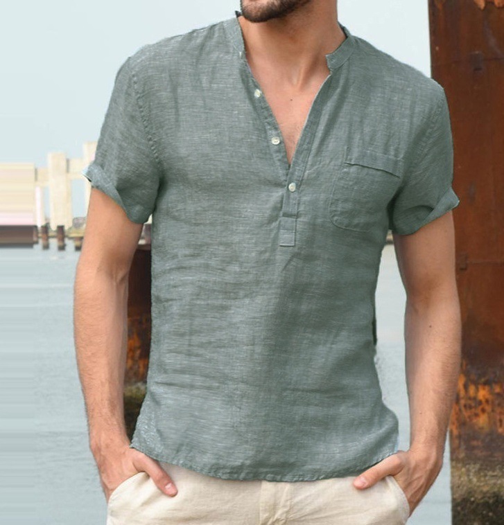 Summer New Cotton and Linen Short-sleeved Men's T-shirt with Vertical Collar Buckle and Half Open Placket Simple Short-sleeved Shirt S-5XL