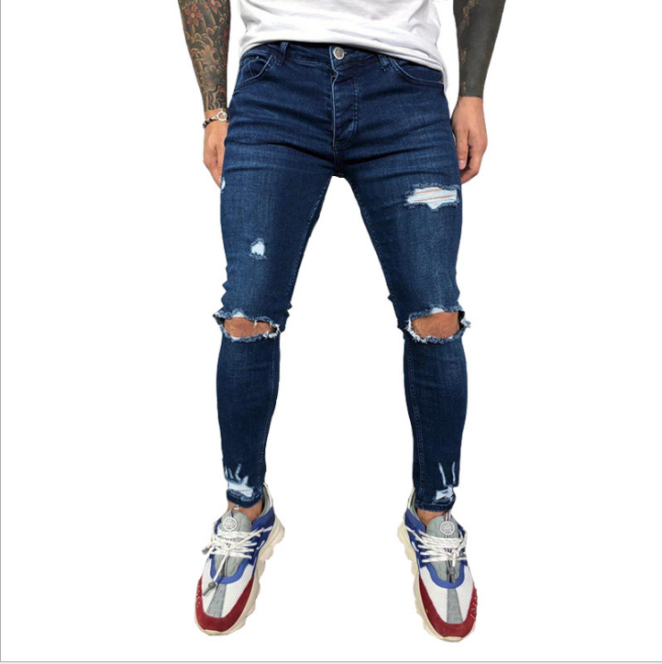 High Quality 2020 European and American Men's Ripped Elastic Leg Jeans Tear New Factory Direct 8812