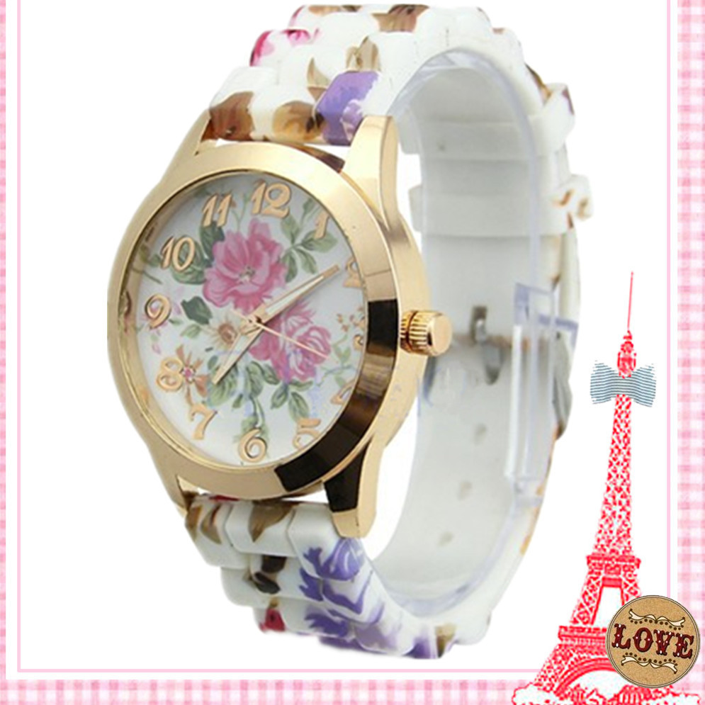 新款热卖 花纹Geneva日内瓦硅胶手表 印花花朵手女款手表批发