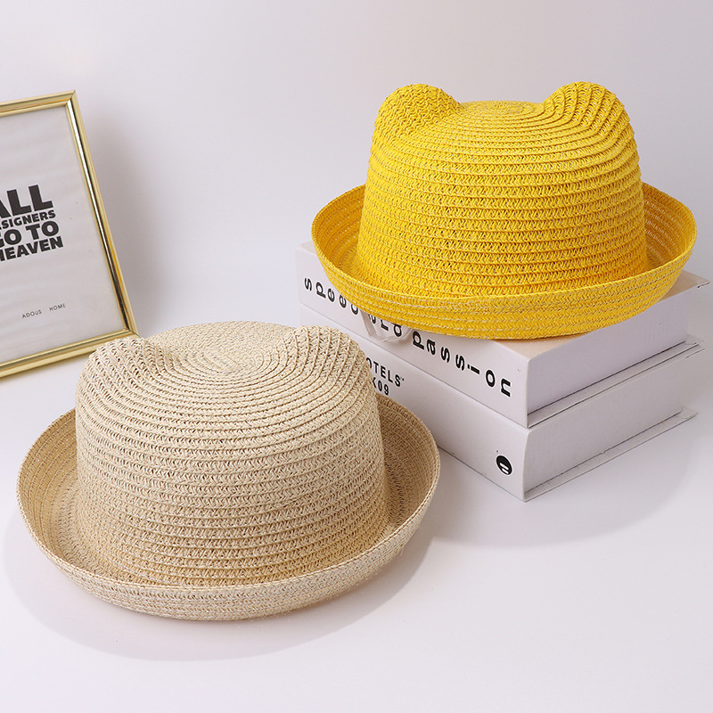 New children's cartoon solid color straw hat versatile summer men's and women's hat cute cat ear sun hat wholesale