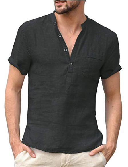 Summer New Cotton and Linen Short-sleeved Men's T-shirt with Vertical Collar Buckle and Half Open Placket Simple Short-sleeved Shirt S-5XL