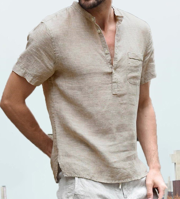 Summer New Cotton and Linen Short-sleeved Men's T-shirt with Vertical Collar Buckle and Half Open Placket Simple Short-sleeved Shirt S-5XL