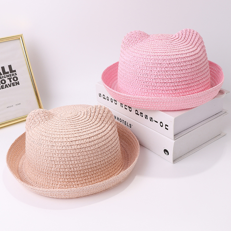 New children's cartoon solid color straw hat versatile summer men's and women's hat cute cat ear sun hat wholesale