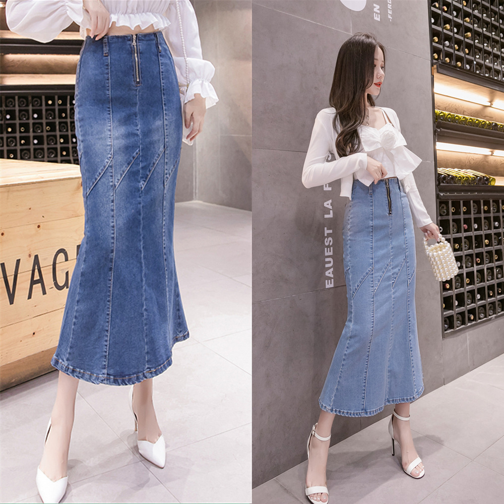 Real Shot 2023 Autumn New Slim-Fit Slimming Tall Fishtail Skirt High Stretch Exposed Zipper Denim Half-length Dress