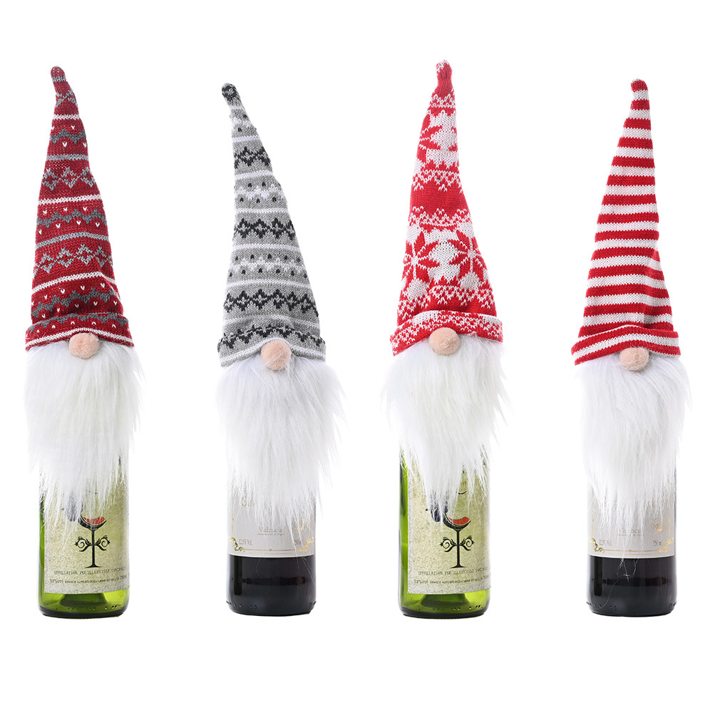 Haube New Christmas Decoration Knitted Hat Forest Old Man Wine Set Faceless Doll Wine Cover Wine Bottle Decoration_voghion.com