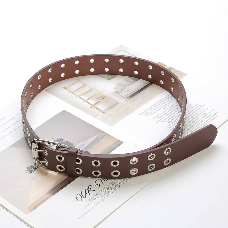 Belt women's factory spot wholesale double row steam eye hip hop trend leather metal hollow women's punk belt