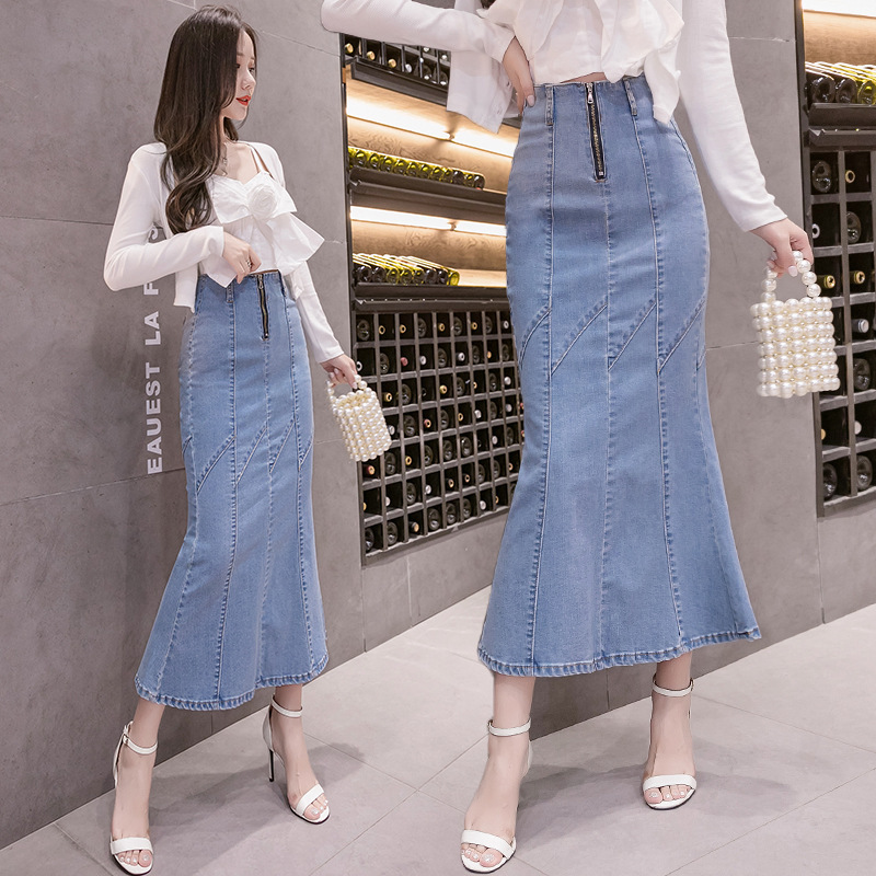 Real Shot 2023 Autumn New Slim-Fit Slimming Tall Fishtail Skirt High Stretch Exposed Zipper Denim Half-length Dress
