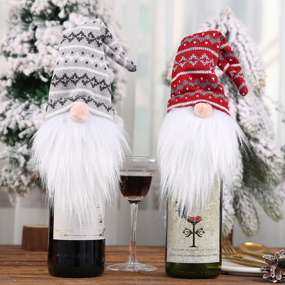 Haube New Christmas Decoration Knitted Hat Forest Old Man Wine Set Faceless Doll Wine Cover Wine Bottle Decoration_voghion.com