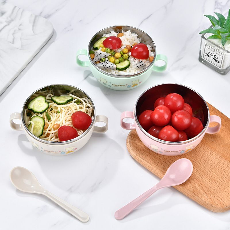 Factory spot handle with lid baby stainless steel Children's bowl cartoon heat insulation bowl with spoon