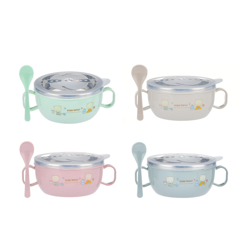 Factory spot handle with lid baby stainless steel Children's bowl cartoon heat insulation bowl with spoon