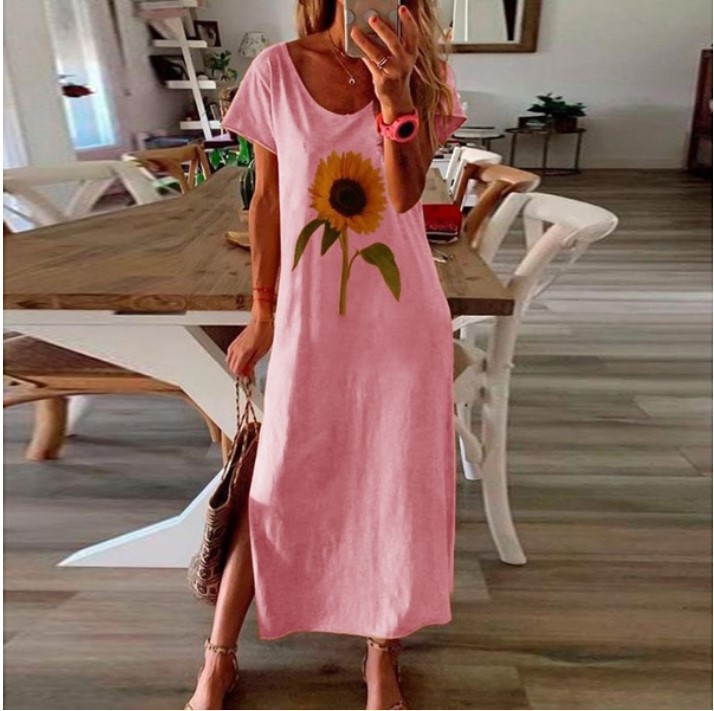 wish AliExpress European and American sunflower plant style women's printed side slit dress female S-5XL