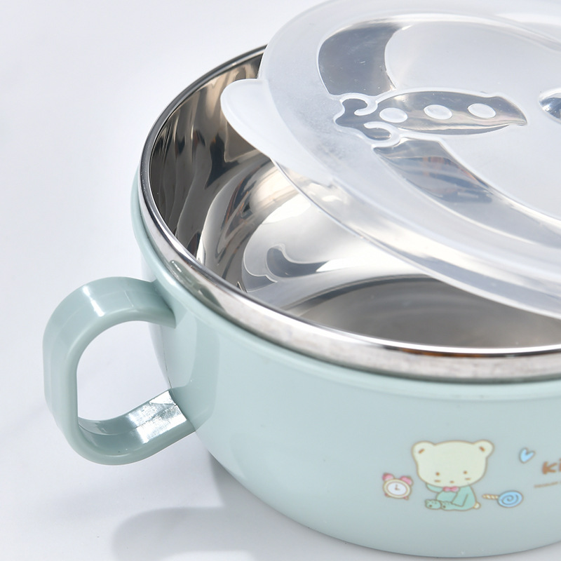 Factory spot handle with lid baby stainless steel Children's bowl cartoon heat insulation bowl with spoon