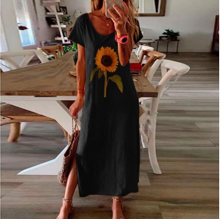 Wish AliExpress European and American Sunflower Plant Style Women's Printed Side Slit Dress Women's S-5XL