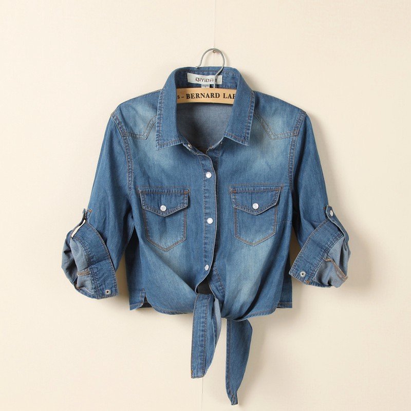 Pastoral Summer Mid-Sleeve Denim Wasp Short Coat Women's Extra Large Size Wasp Washed Shirt