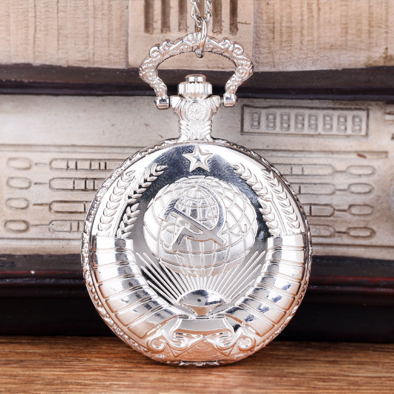Large hammer sickle icon pocket watch silver gold relief map five-pointed star wheat rice pocket watch 1050