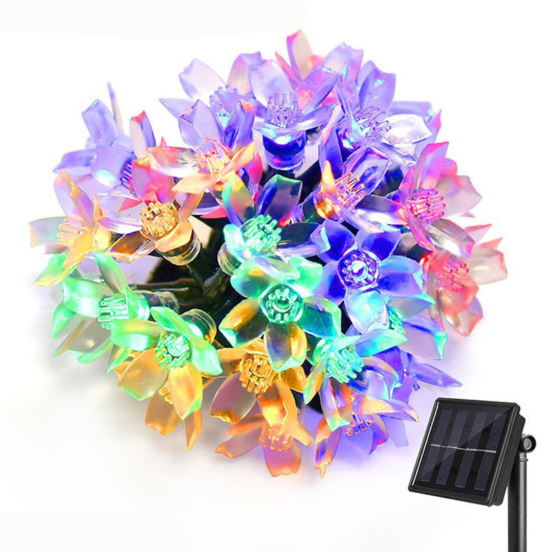 Outdoor waterproof LED solar light string cherry blossom flower shape flashing lamp peach blossom light string Christmas courtyard decoration