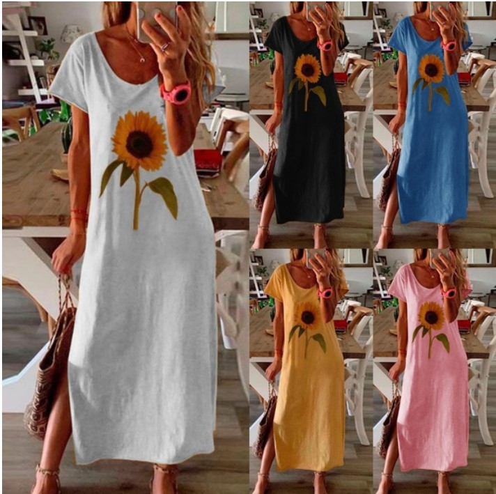 Wish AliExpress European and American Sunflower Plant Style Women's Printed Side Slit Dress Women's S-5XL