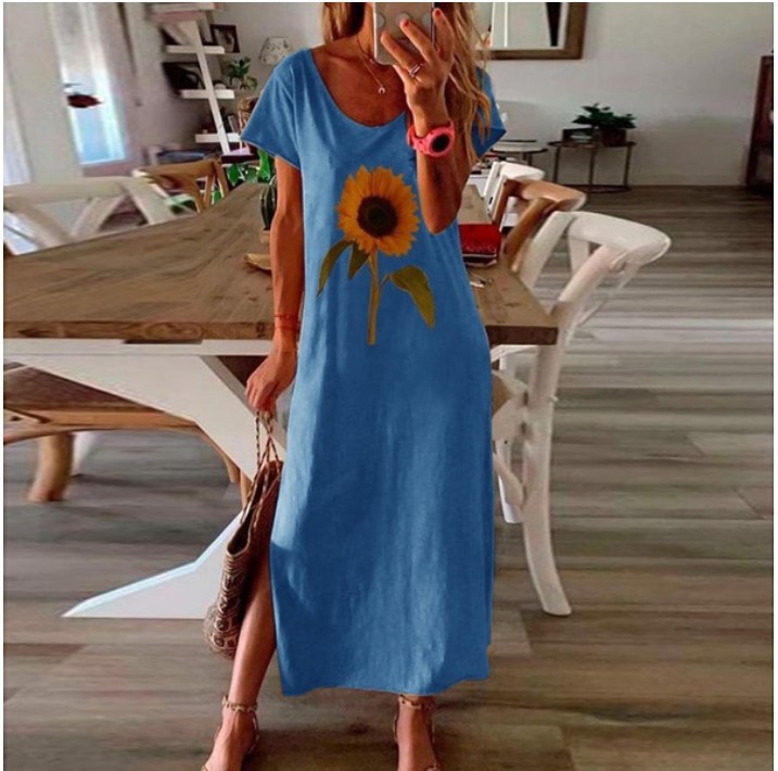 wish AliExpress European and American sunflower plant style women's printed side slit dress female S-5XL