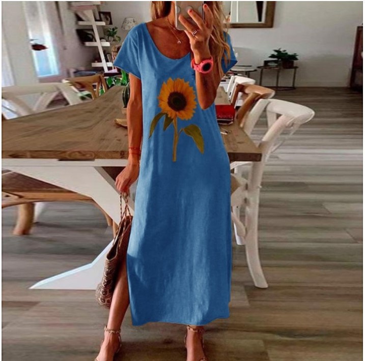 Wish AliExpress European and American Sunflower Plant Style Women's Printed Side Slit Dress Women's S-5XL