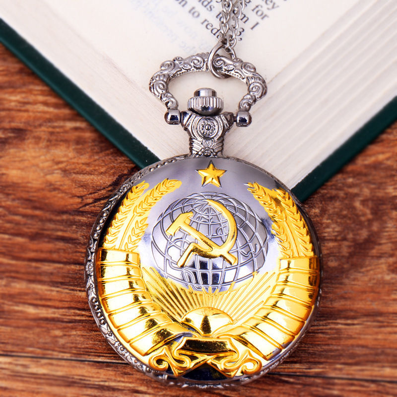Large hammer sickle icon pocket watch silver gold relief map five-pointed star wheat rice pocket watch 1050