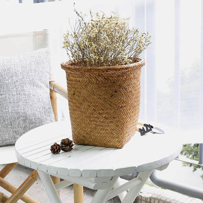 KENS Straw Non-Rattan Round Flower Pot Set Storage Basket Storage Basket Storage Barrel Garbage Basket