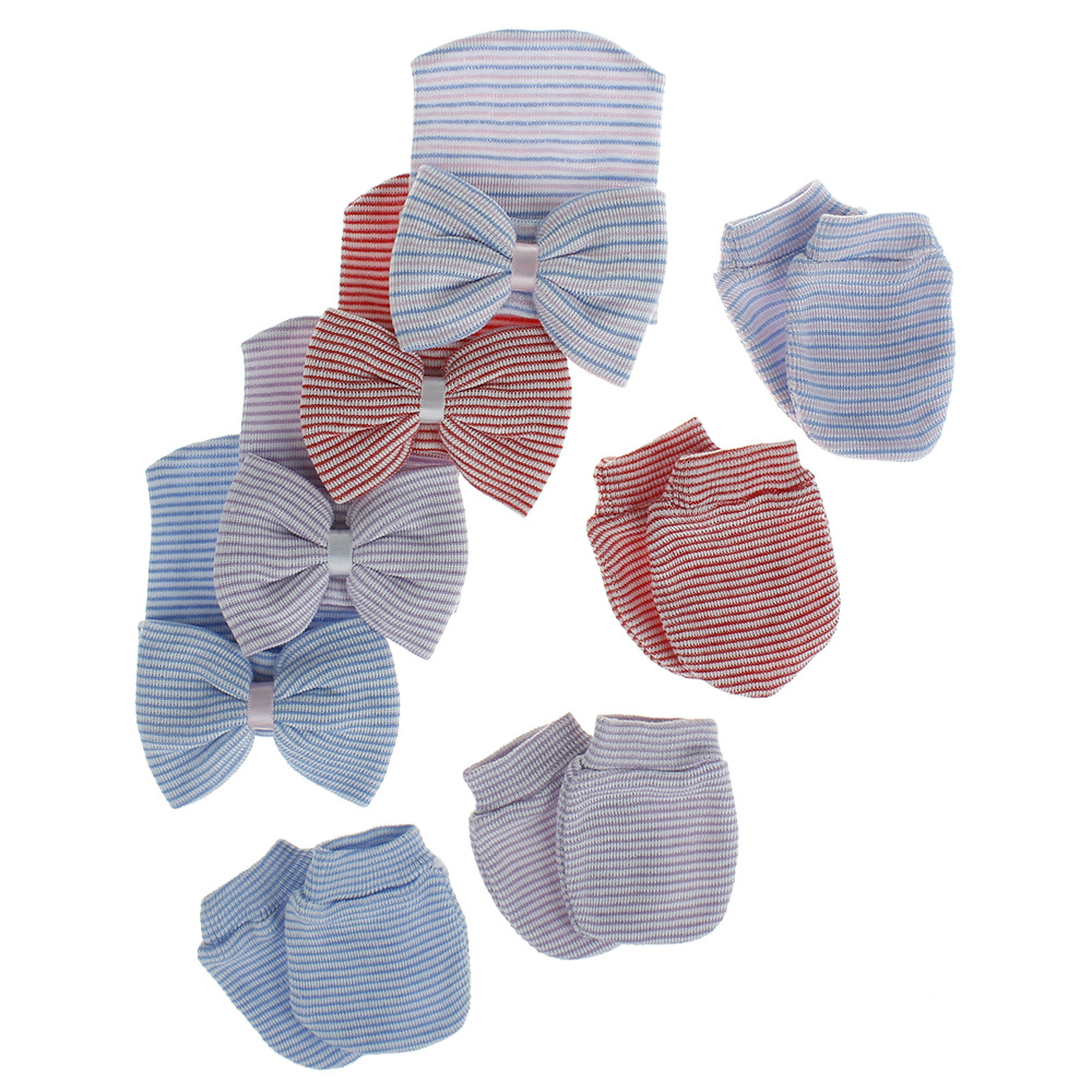European and American newborn baby fetal cap big bow knitted gloves hat set cute baby pullover cap wholesale