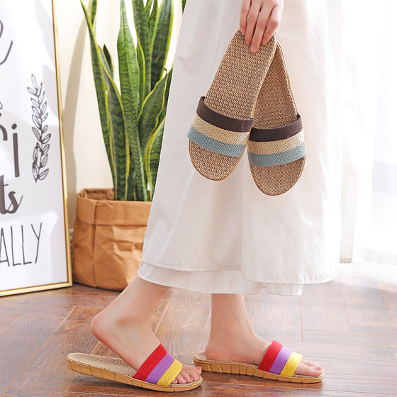 Old three-color men and women couples linen home wood floor summer sandals cotton and linen slippers Four Seasons hemp slippers