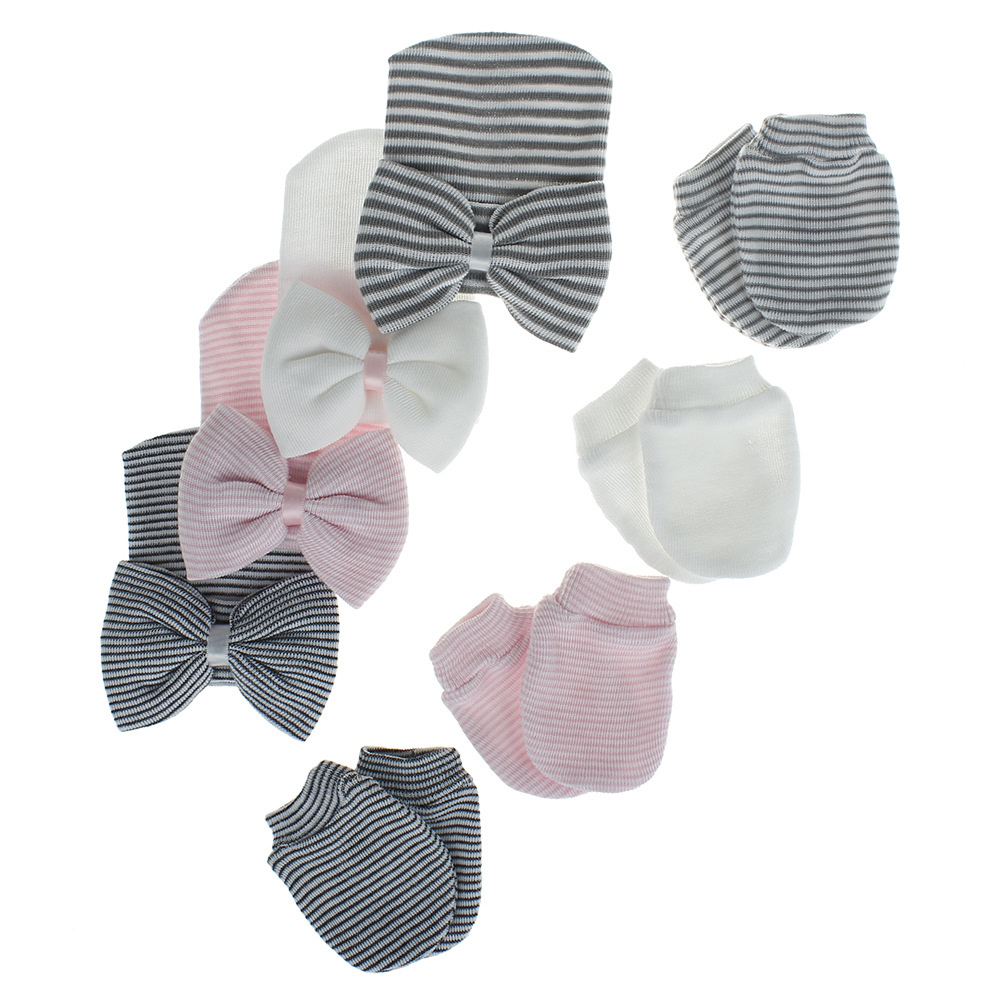 European and American newborn baby fetal cap big bow knitted gloves hat set cute baby pullover cap wholesale