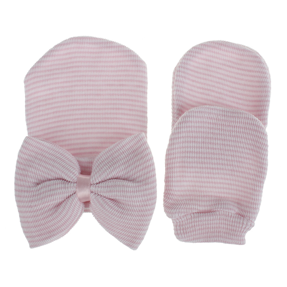 European and American newborn baby fetal cap big bow knitted gloves hat set cute baby pullover cap wholesale