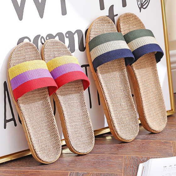 Old three-color men and women couples linen home wood floor summer sandals cotton and linen slippers Four Seasons hemp slippers
