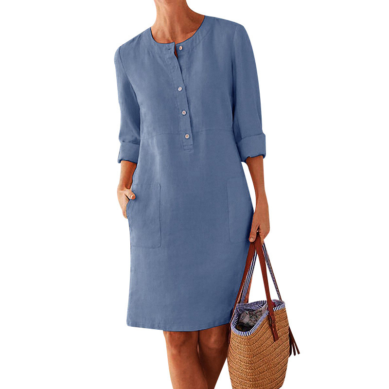 2023 Cross-border Spring New Amazon AliExpress Explosions Large Size Women's Cotton and Linen Round Neck Long Sleeve Dress