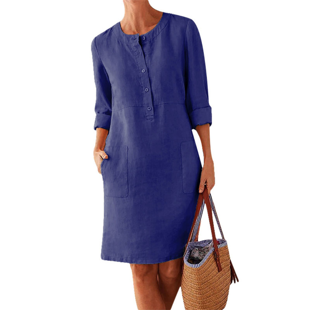 2023 Cross-border Spring New Amazon AliExpress Explosions Large Size Women's Cotton and Linen Round Neck Long Sleeve Dress