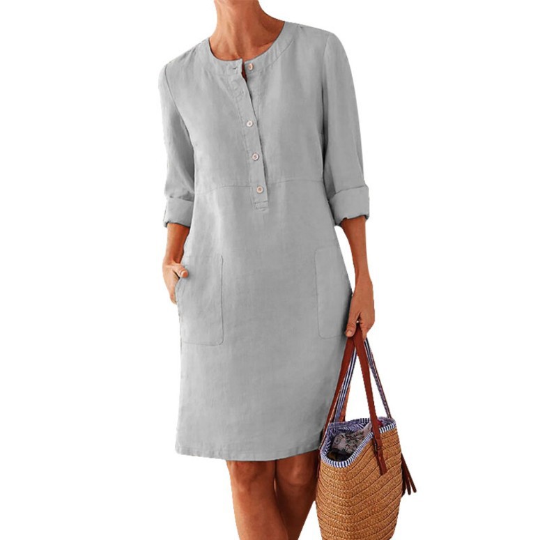 2023 Cross-border Spring New Amazon AliExpress Explosions Large Size Women's Cotton and Linen Round Neck Long Sleeve Dress