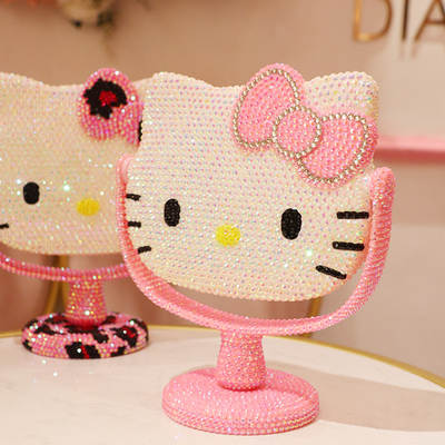 Cartoon cat rhinestone Beauty Mirror stick diamond pink girl heart table mirror vanity mirror revolving mirror Festival live