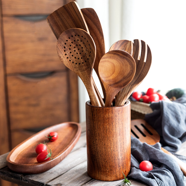 Teak Wooden Non-stick Cookware Wooden Shovel Long Handle Shovel Vegetable Shovel Leaflet Acacia Cooking suit Kitchen Tools