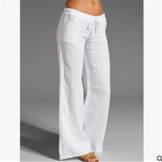 2023 New Cross-border European and American Amazon Women's High Waist Wide Leg Pants Big Foot Pocket Cotton and Linen Casual Pants for Women