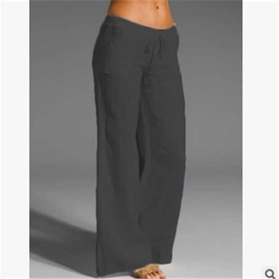 2023 New Cross-border European and American Amazon Women's High Waist Wide Leg Pants Big Foot Pocket Cotton and Linen Casual Pants for Women