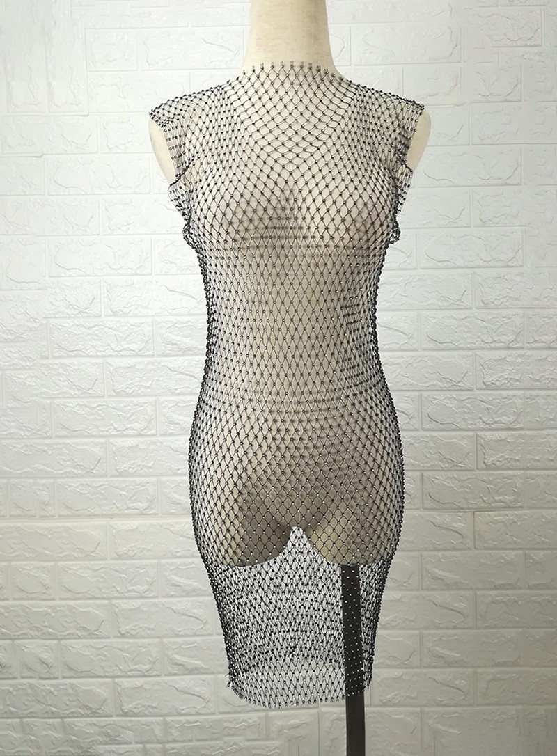 Europe and the United States hot selling hot diamond shiny swimsuit hand woven fishnet bikini blouse skirt