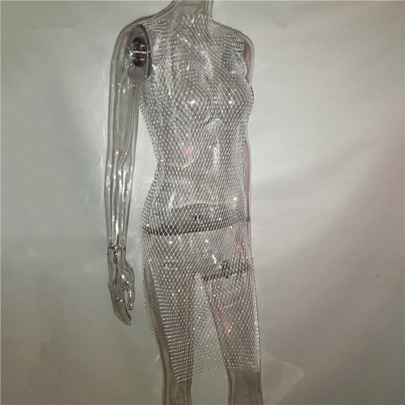 Europe and the United States hot selling hot diamond shiny swimsuit hand woven fishnet bikini blouse skirt