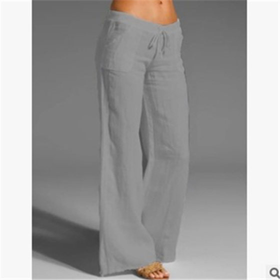 2023 New Cross-border European and American Amazon Women's High Waist Wide Leg Pants Big Foot Pocket Cotton and Linen Casual Pants for Women