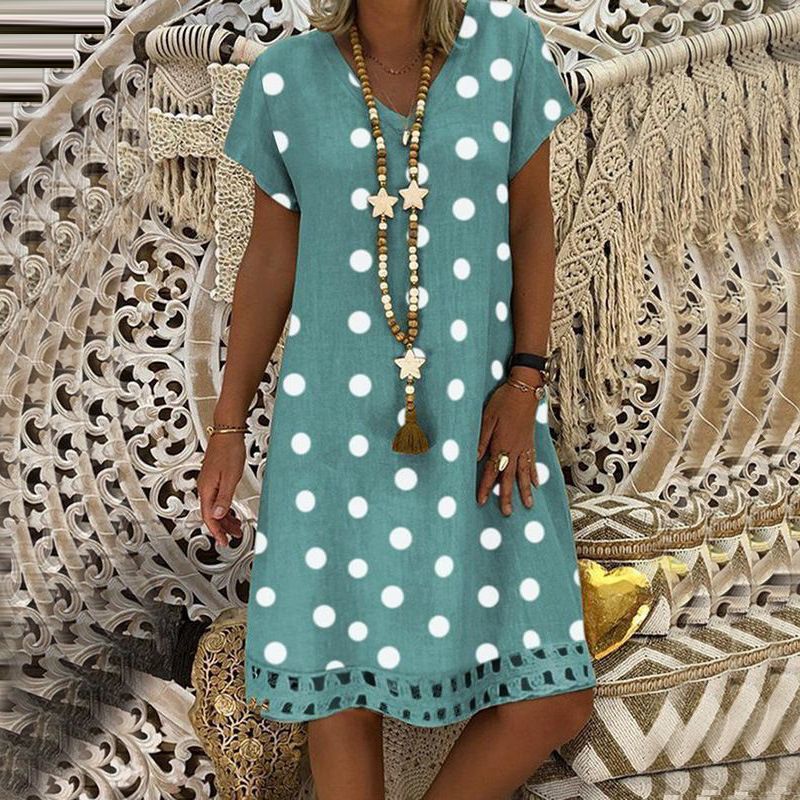 2024 cross-border spring and summer new Amazon European and American dress fashion polka dot short-sleeved V-neck printed midi skirt