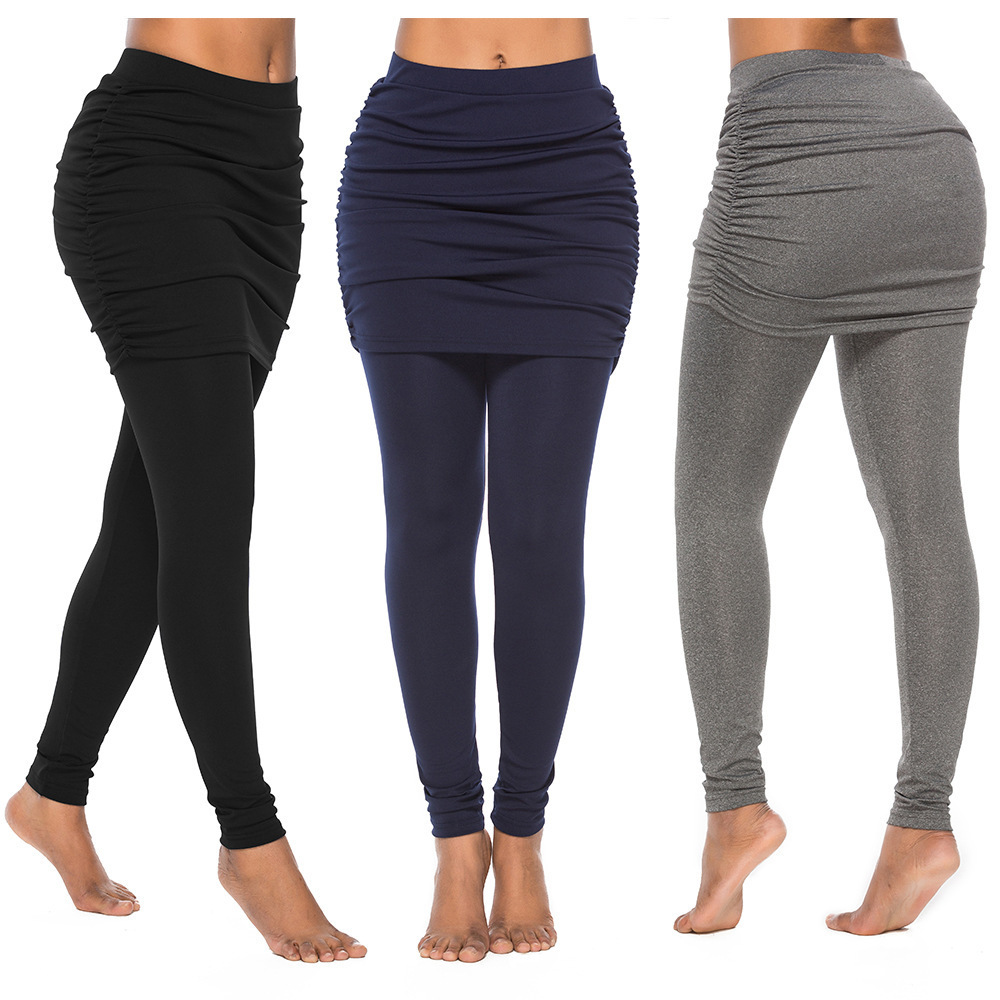 2020 cross-border hip side pleated skirt fake two-piece bottoming skirt stretch sports pants