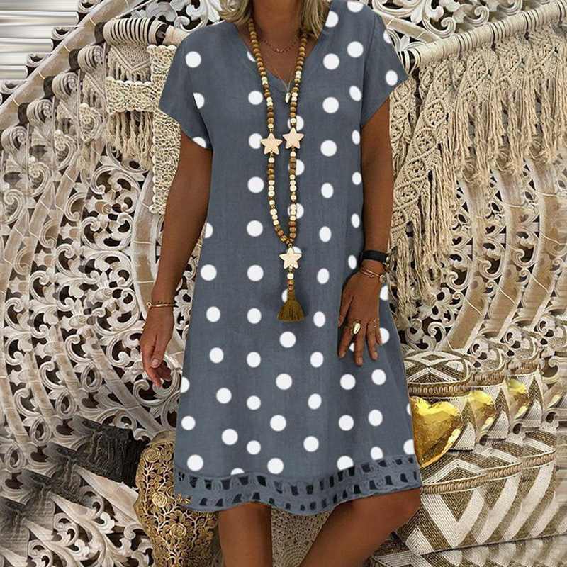 2024 cross-border spring and summer new Amazon European and American dress fashion polka dot short-sleeved V-neck printed midi skirt