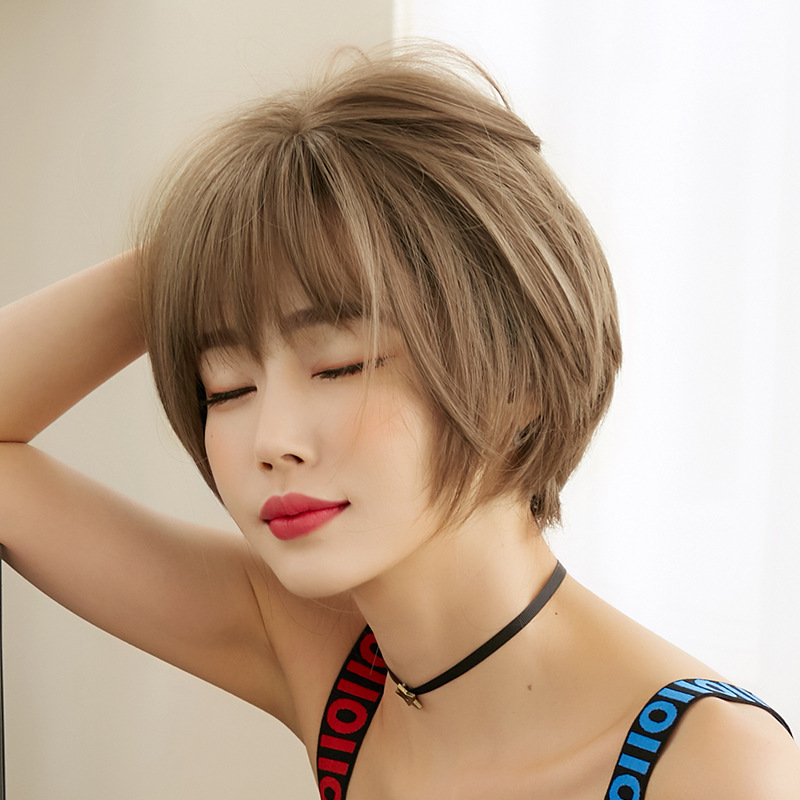 新しいショートヘアウィッグ女性のためのトレンディなボブ丸顔フルカバーヘアキャップスタイリッシュなショートブロークンエレガントなフリンジカバー|undefined